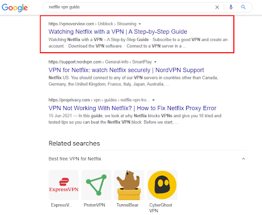 google search result for netflix vpn guide is article from VPNOverview